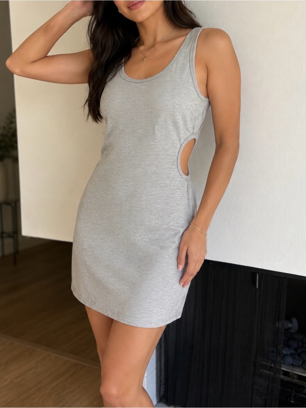 Sleeveless Grey Ribbed Mini Dress